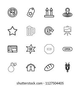 Label icon. collection of 16 label outline icons such as bread, no laptop, crab, barn, star, explosion, map location, tag. editable label icons for web and mobile.