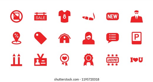 Label icon. collection of 18 label filled icons such as no laptop, barn, cigarette, sale location, medal, badge, sale tag, parking. editable label icons for web and mobile.