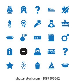 Label icon. collection of 25 label filled icons such as vip, star, no wash, medal, question, luggage scan, censored woman. editable label icons for web and mobile.