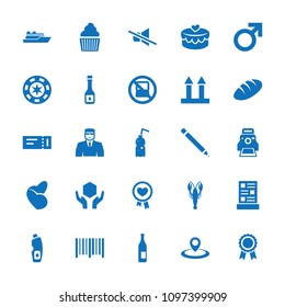 Label icon. collection of 25 label filled icons such as bread, no laptop, ticket, crab, male, security guy, bottle, casino chip. editable label icons for web and mobile.