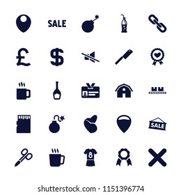 Label icon. collection of 25 label filled icons such as mug, barn, manicure scissors, explosion, location, heart ribbon, cross. editable label icons for web and mobile.
