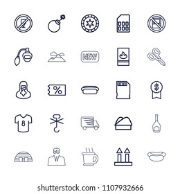 Label icon. collection of 25 label outline icons such as no laptop, perfume, explosion, ticket on sale, casino chip, dollar award. editable label icons for web and mobile.