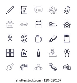 Label icon. collection of 25 label outline icons such as mug, pen, tag, cube, bottle, dollar award, luggage scan, sale, memory card. editable label icons for web and mobile.