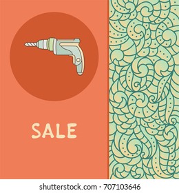Label with icon of drill on a nature artistic boho pattern. Vector image for e-coomerce. Goods and trade template for store or shop