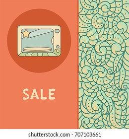 Label with icon of microwave oven on a nature artistic boho pattern. Vector image for e-coomerce. Goods and trade template for store or shop