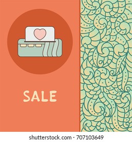 Label with icon of printer on a nature artistic boho pattern. Vector image for e-coomerce. Goods and trade template for store or shop
