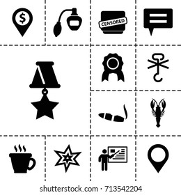 Label icon. set of 13 filled label icons such as crab, perfume, coffee, explosion, cigarette, no cargo warning, censored, map location, teacher, medal, dollar location