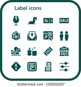 label icon set. 16 filled label icons.  Simple modern icons about  - Fragile, Sea lion, Ticket, Sale, d, Certificate, Music store, Toilet, Pelican, Wash, Sugar, Candy shop, Danger