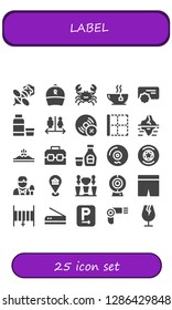  label icon set. 25 filled label icons. Simple modern icons about  - Bee, Ribbon, Crab, Tea, Reward, Syrup, Wc, Vynil, Border, Iceberg, Mountain, Case, Vinyl, Badge, Reporter