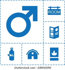 Label icon. set of 6 label filled icons such as oil, barn, male, room tag, menu