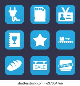 Label icon. set of 9 filled label icons such as bread, star, luggage scan, censored, badge, memory card, sale tag, menu