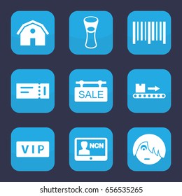 Label icon. set of 9 filled label icons such as vip, ticket, barn, emo emot, milk glass, bar code, luggage scan, sale tag