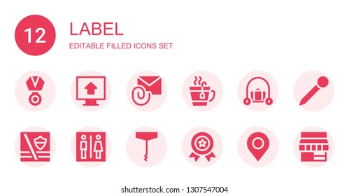 label icon set. Collection of 12 filled label icons included Medal, Upload, Attachment, Tea, Luggage, Maps, Toilet, Corkscrew, Pin, Store