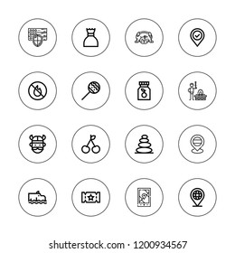 Label icon set. collection of 16 outline label icons with bbq, cherry, location pin, location, gps, hippo, maracas, no fire allowed, pin, secured, seal, sugar, viking icons.