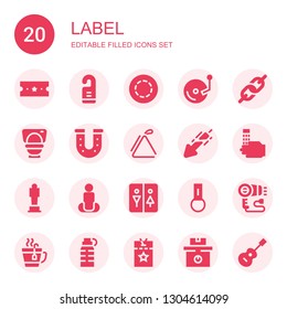 label icon set. Collection of 20 filled label icons included Ticket, Door hanger, Gif, Vinyl, Link, Toilet, Horseshoe, Triangle, Download, Wash, Award, Position, Restroom, Key chain