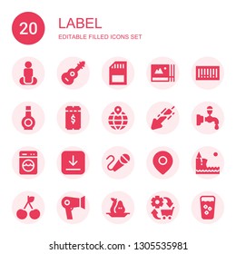 label icon set. Collection of 20 filled label icons included Position, Guitar, Sd, Photos, Barcode, Bottle, Ticket, Location, Download, Beer tap, Washing, Karaoke, Cliff, Cherry