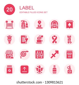 label icon set. Collection of 20 filled label icons included Volleyball net, Extinguisher, Weight, Jukebox, Banner, Toilet, Report, Tea, Ribbon, Vitamins, Store, Hose, Sagittarius
