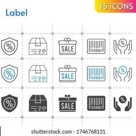 conjunto de iconos de etiqueta. regalo incluido, paquete, garantía, descuento, iconos de código de barras sobre fondo blanco. estilos lineales, bicolores, rellenos.