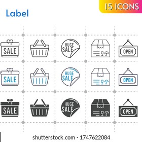 label icon set. included gift, sale, package, shopping-basket, shopping basket, open icons on white background. linear, bicolor, filled styles.