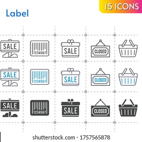 label icon set. included gift, sale, closed, shopping-basket, barcode, shopping basket icons on white background. linear, bicolor, filled styles.