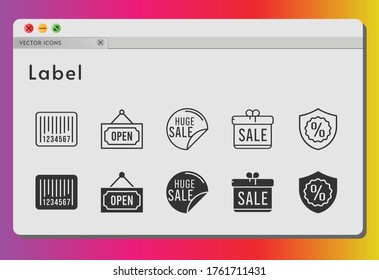label icon set. included gift, sale, warranty, barcode, open icons on white background. linear, filled styles.