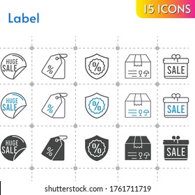 label icon set. included gift, sale, package, price tag, warranty icons on white background. linear, bicolor, filled styles.