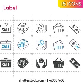 conjunto de iconos de etiqueta. regalo incluido, venta, descuento, cesta de compras, íconos de cesta de compras sobre fondo blanco. estilos lineales, bicolores, rellenos.