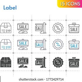 label icon set. included gift, sale, package, discount icons on white background. linear, bicolor, filled styles.