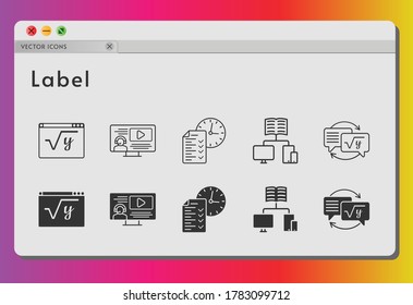 label icon set. included instructor, test, homework, maths, school icons on white background. linear, filled styles.