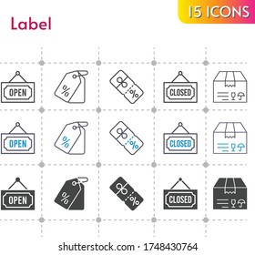 conjunto de iconos de etiqueta. paquete incluido, etiqueta de precio, descuento, iconos cerrados, abiertos sobre fondo blanco. estilos lineales, bicolores, rellenos.