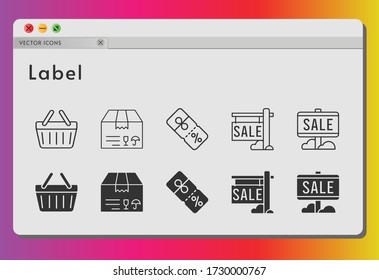 label icon set. included sale, package, discount, shopping-basket, shopping basket icons on white background. linear, filled styles.