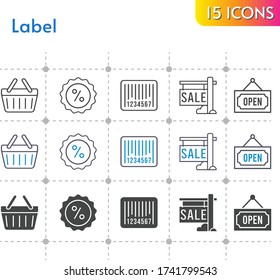 label icon set. included sale, discount, shopping-basket, barcode, shopping basket, open icons on white background. linear, bicolor, filled styles.