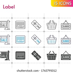 label icon set. included sale, discount, closed, shopping-basket, barcode, shopping basket icons on white background. linear, bicolor, filled styles.