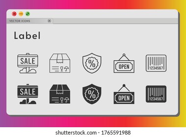 label icon set. included sale, package, warranty, barcode, open icons on white background. linear, filled styles.