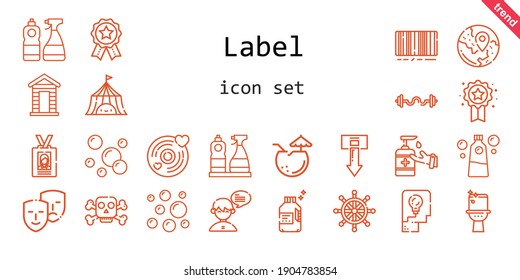 conjunto de iconos de etiqueta. estilo de icono de línea. iconos relacionados con la etiqueta como antiséptico, tienda, veneno, comedia, cabaña, pensamiento, barras, coco, insignias, insignia, detergente, tarjeta de identificación, descarga, inodoro, chat, rudder