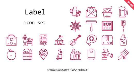 label icon set. line icon style. label related icons such as parking, eraser, antiseptic, package, rotisserie, cabin, menu, ozone, ukelele, detergent, luggage, honey, laundry, chat, healthy food