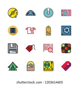 label icon set. vector set about floppy disk, package, compact disc and tag icons set.
