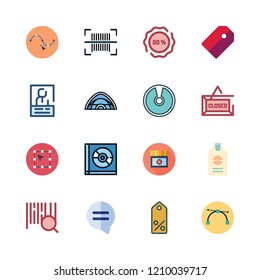 label icon set. vector set about compact disc, id, barcode and promotions icons set.