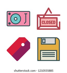 label icon set. vector set about turntable, tag, diskette and closed icons set.