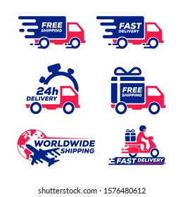 label icon shipping and delivery collection set. van delivery car vector illustration isolated on white background. fast free worldwide shipping concept. delivery with airplane and scooter elements.