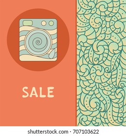 Label with icon of washing machine on a nature artistic boho pattern. Vector image for e-coomerce. Goods and trade template for store or shop