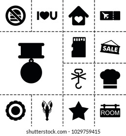 Label icons. set of 13 editable filled label icons such as crab, star, no cargo warning, i love you, award, sale, memory card, love home, room tag, chef hat, medal, ticket