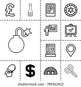 Label icons. set of 13 editable outline label icons such as dollar, parking, board, casino chip, pound, home key tag, menu, map location, teacher, oil, barn, manicure scissors