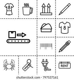 Label icons. set of 13 editable outline label icons such as mug, pen, cargo tag, cargo arrow up, luggage scan, rent tag, chef hat, plug, football uniform, football t shirt