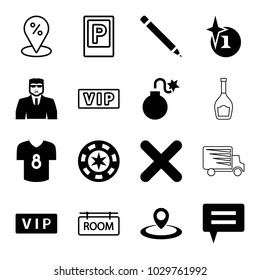 Label icons. set of 16 editable filled and outline label icons such as vip, security guy, explosion, casino chip, chat, cross, football t shirt, parking, sale location