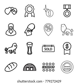 Label icons. set of 16 editable outline label icons such as bread, lion, jackpot, medal, milk glass, dollar award, i love you, censored woman, sold tag, home key tag, barn