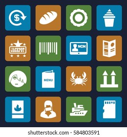 label icons set. Set of 16 label filled icons such as bread, crab, Jackpot, emo emot, ice cream in can, cargo arrow up, bar code, censored woman, memory card, menu