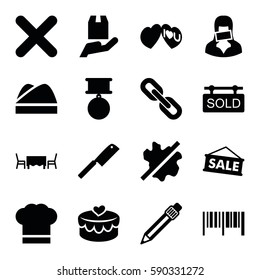 label icons set. Set of 16 label filled icons such as no wash, cargo protection, I love you, heart lock, pen, censored woman, cross, sold tag, chef hat, restaurant table