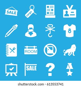 Label icons set. set of 16 label filled icons such as lion, no laptop, board, cargo tag, no cargo warning, pen, censored woman, badge, room tag, menu, football t shirt, medal