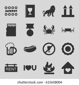Label icons set. set of 16 label filled icons such as lion, crab, Jackpot, hot dog, cargo arrow up, no fire, I love you, beer mug, love home, rent tag, menu, restaurant table